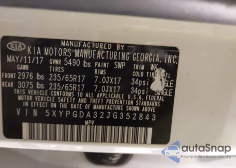 2018 Kia Sorento 2.4L Lx z USA, uszkodzony, nr VIN 5XYPGDA32JG352843